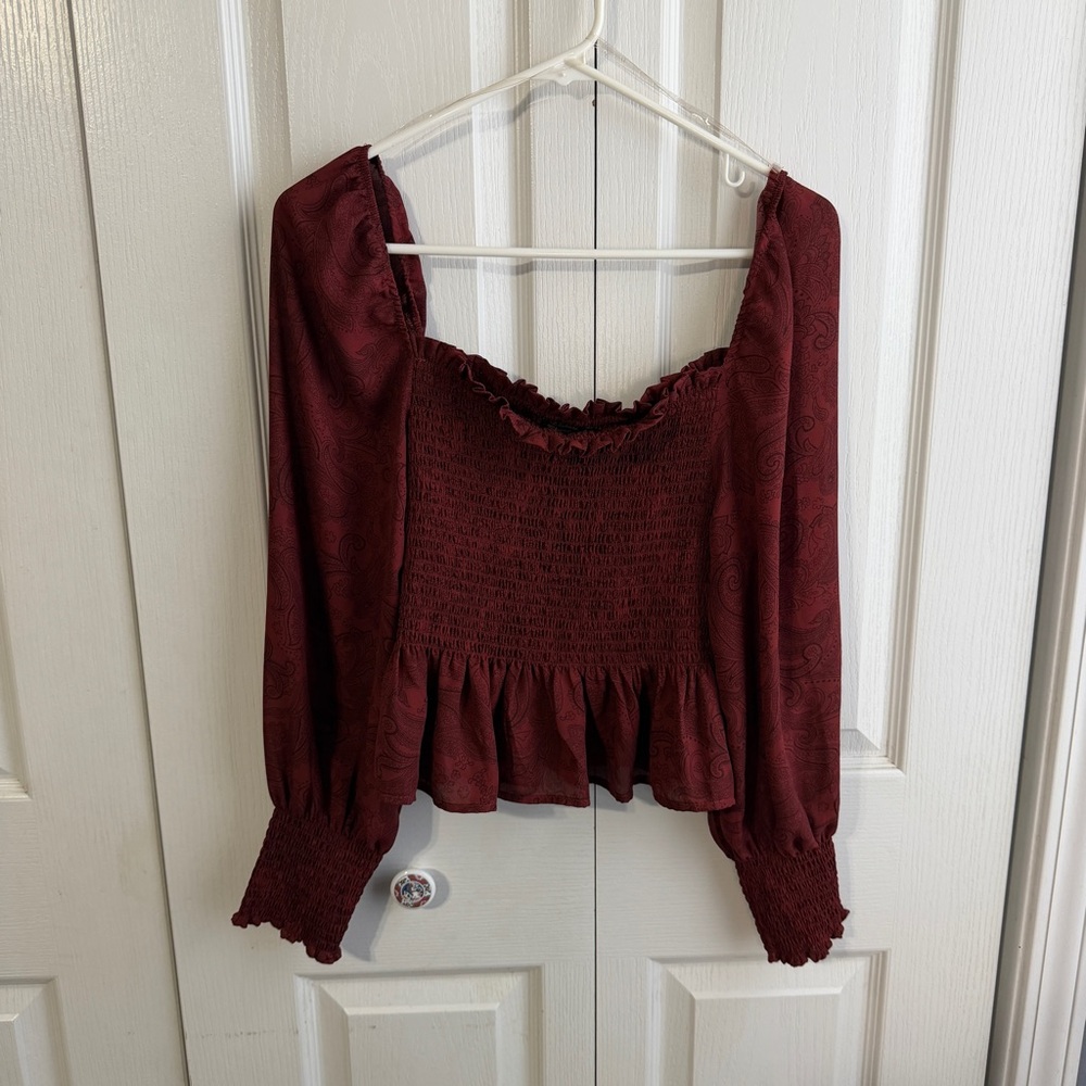 Shinestar red paisley long sleeve‎ smocked blouse size large